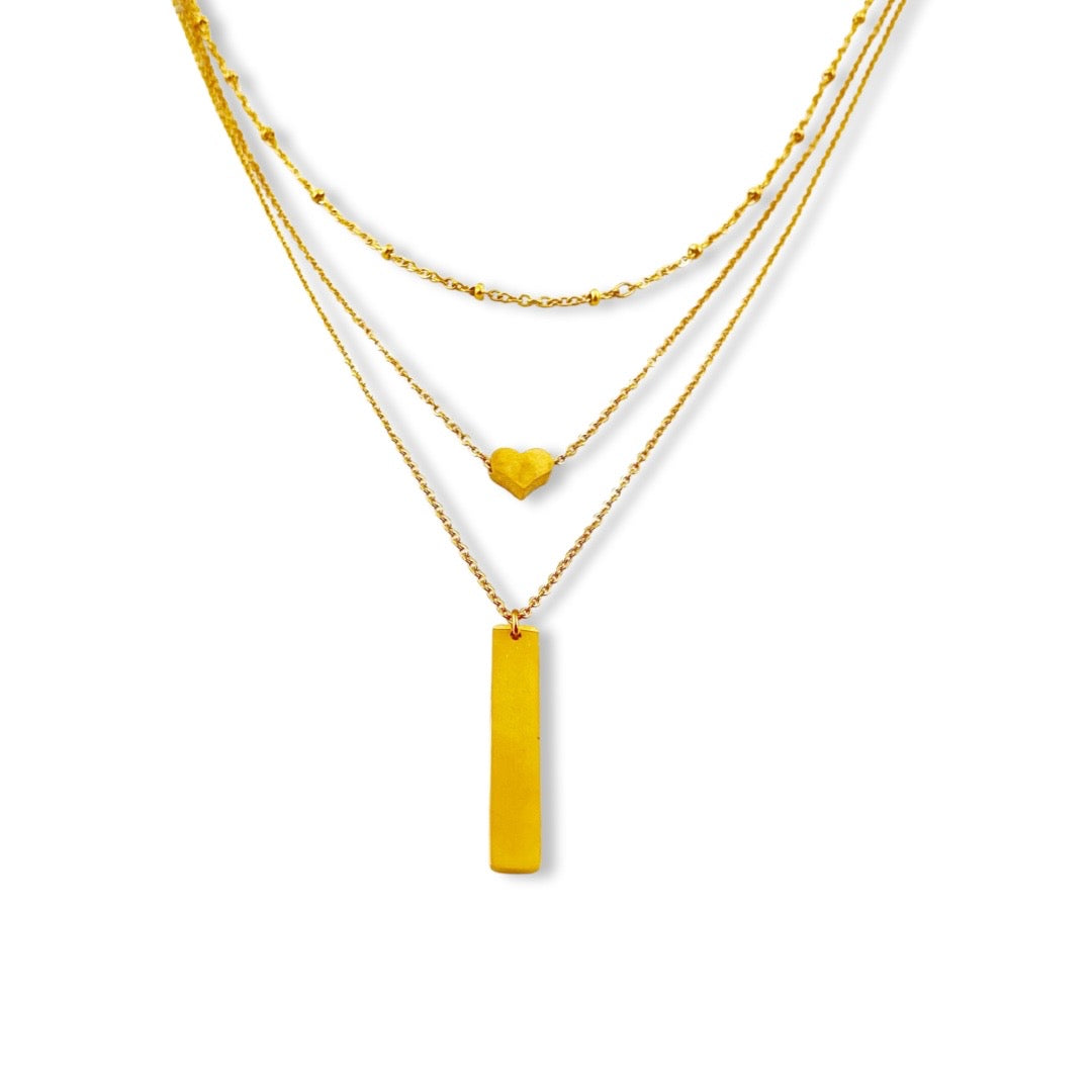 Collar 3 en 1 de acero inoxidable de cadena de bolitas, corazón y barra