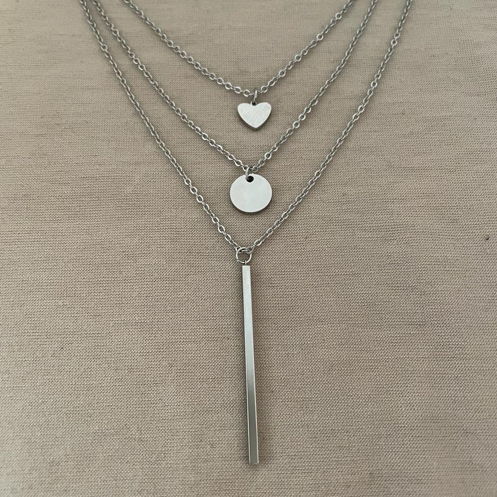 Collar 3 en 1 plateado de corazón, círculo y barra