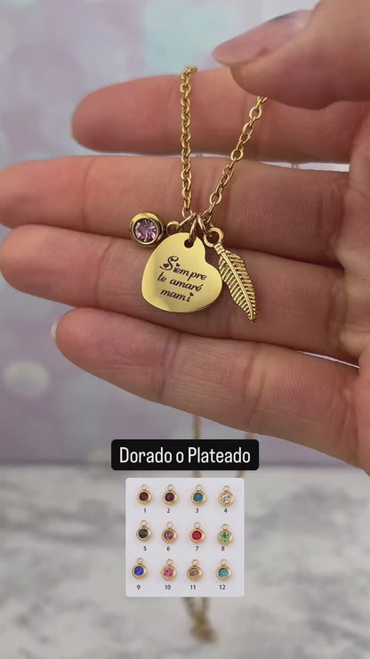 Collar de corazon con zirconia y pluma